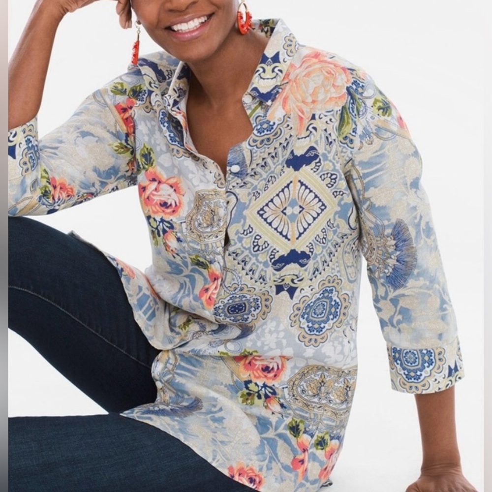 Chico’s Floral Print No- Iron Linen Tunic Blouse size L